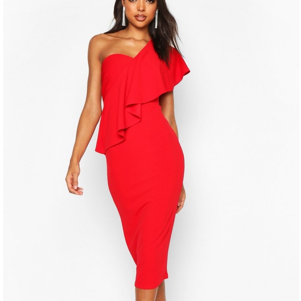 Boohoo Tall Ruffle One Shoulder Midi Dress